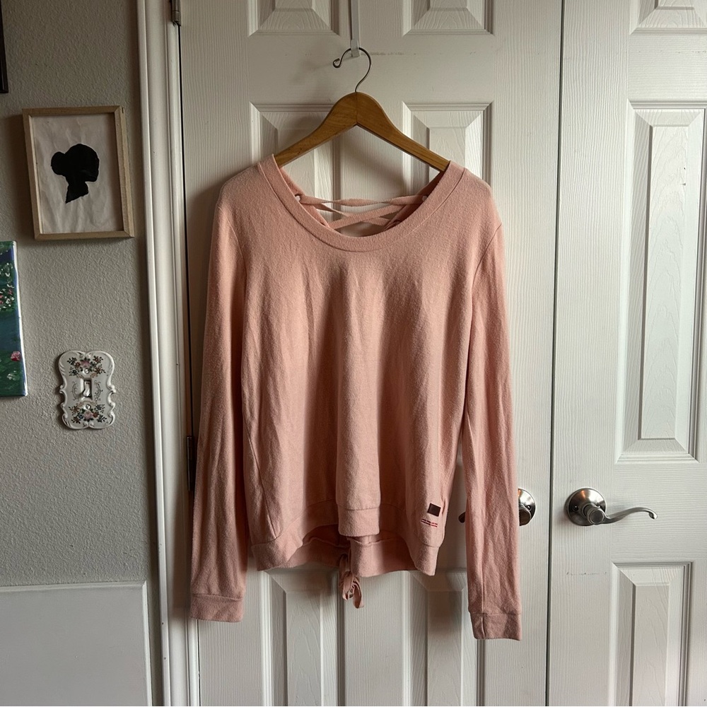 Peace Love World pink long sleeve crisscross lace back oversized long sleeve top